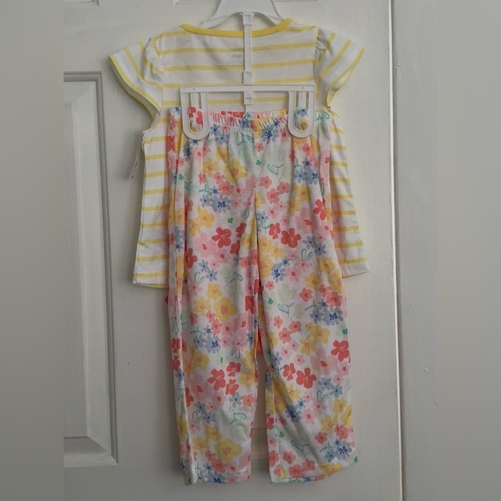 Carter's Yellow Stripe Top with Coral Ruffle Shorts & Floral Pants Pajama Set - Picture 4 of 4